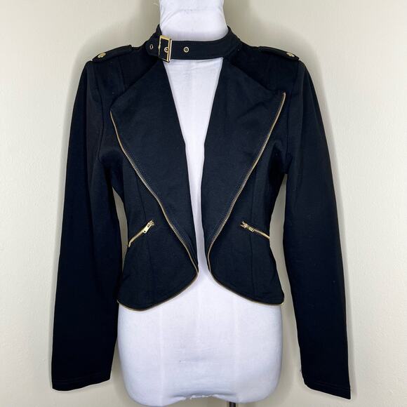 Shinestar Cropped Jacket 2X Black Moto Plus Size Buckle Grommet Gold Stretch - Picture 1 of 8